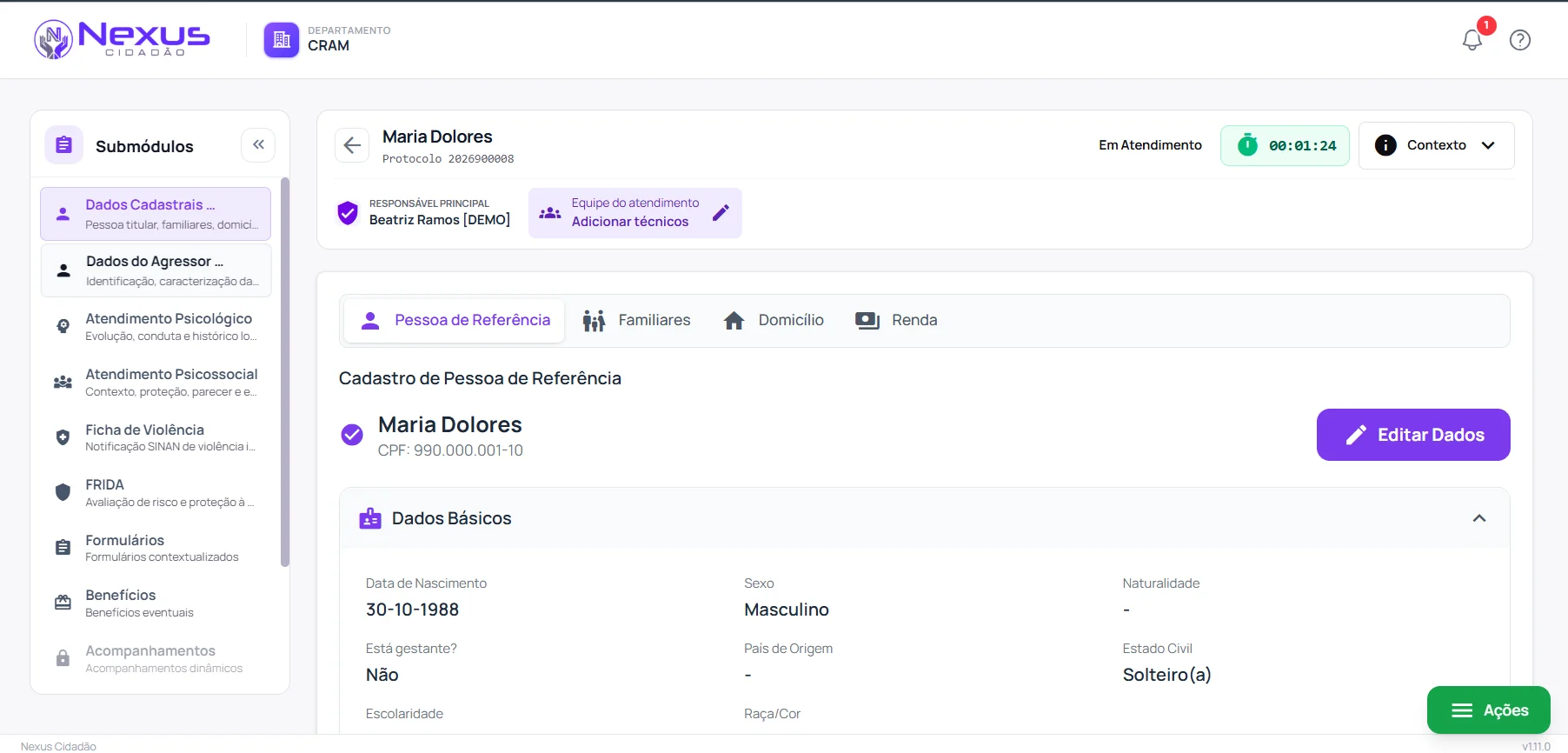 Tela de cadastro de pessoa de referência no Nexus CRAM